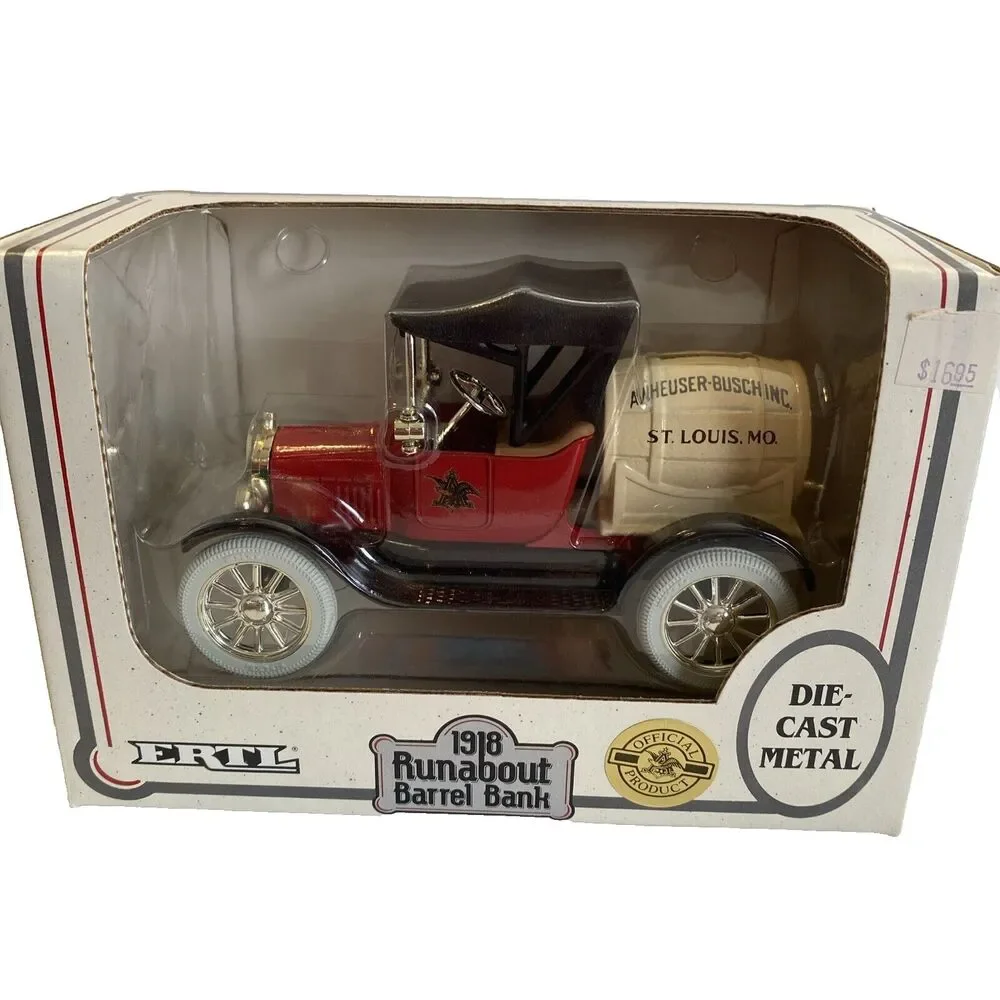 Vintage ERTL Die Cast Beer Truck Bank 1918 Runabout Barrel Anheuser Busch NOS